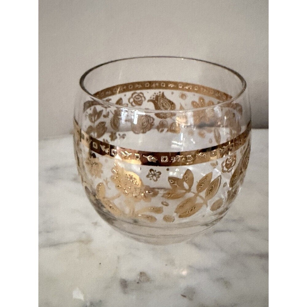 Vintage Culver Chantilly Roly Poly Glasses Mid Century Gold Floral Barware Set 5 - Picture 2 of 7